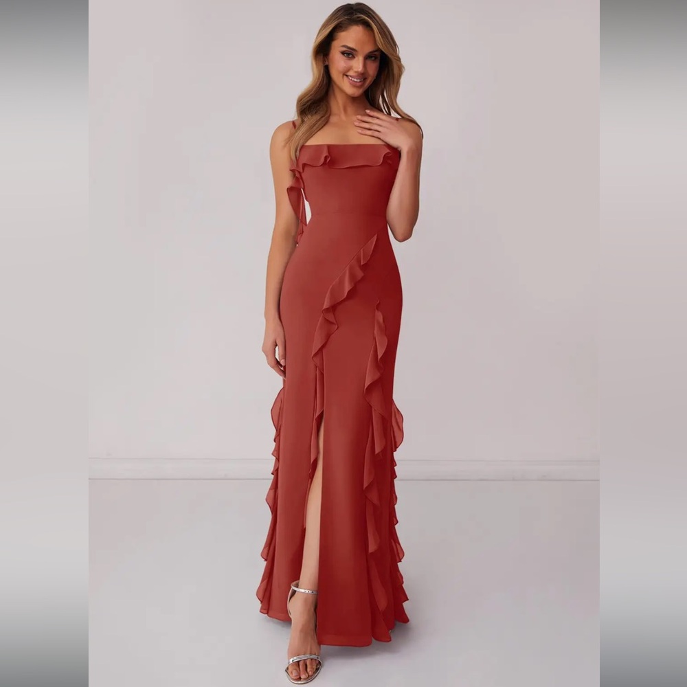Azazie Barbie Ruffled Dress in terracotta